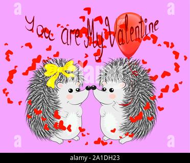 Paio di felice amare il riccio. Carino coppia di animali danza e abbraccio, maschio permette ai fiori di femmina. Amore, romanticismo e di San Valentino tema. Illustrazione Vettoriale