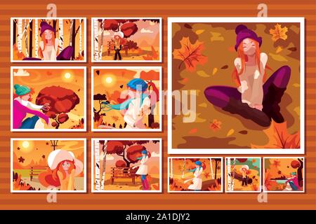 Set di schede con la donna in autunno scene di paesaggio illustrazione vettoriale design Illustrazione Vettoriale