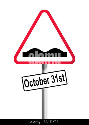 Rosso e bianco triangolare del Regno Unito cartello stradale con un Brexit strada accidentata in anticipo le spie di pericolo. Concetto di ottobre. Isolato su sfondo bianco. Foto Stock