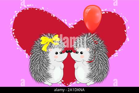 Paio di felice amare il riccio. Carino coppia di animali danza e abbraccio, maschio permette ai fiori di femmina. Amore, romanticismo e di San Valentino tema. Illustrazione Vettoriale