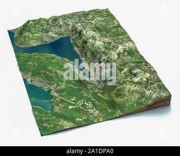 Vista satellitare del fiordo più grande nel Mediterraneo. La Baia di Kotor, Boka. 3D render. La sezione del fiordo. Mappa Foto Stock