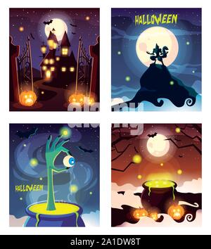 Set di schede con scene di halloween illustrazione vettoriale design Illustrazione Vettoriale