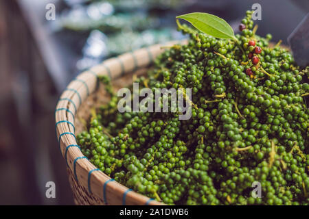 Freschi non trasformati il pepe verde nel cestello. Foto Stock