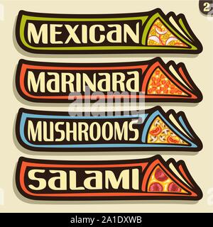 Set di vettore di etichette per pizza italiana: 4 orizzontale adesivi per pizzeria menu con il testo del titolo, triangolo fette di diversi tipi di pizza top view wit Illustrazione Vettoriale