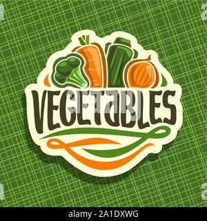 Il logo del vettore per ortaggi freschi: segno con materie broccoli, mature di carote, zucchine, agricoltura cipolla su sfondo geometrico, mix di verdure per vegan nutrit Illustrazione Vettoriale