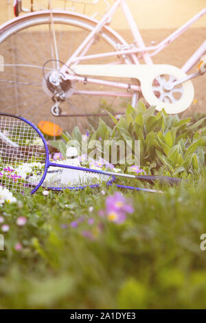 Due racchette e una bicicletta su un verde prato Foto Stock