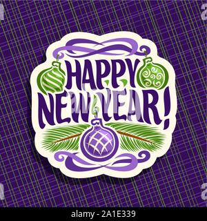 Il logo del vettore per il nuovo anno: segno con appeso xmas baubles, ramo di albero di natale sul viola sfondo geometrico, etichetta con caratteri scritti a mano per tex Illustrazione Vettoriale