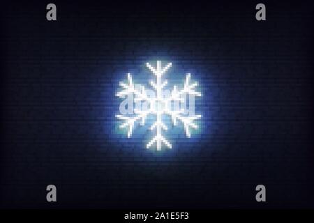 Il simbolo del fiocco di neve sull'icona al neon. Incandescente natale vacanze invernali segno icona Illustrazione Vettoriale
