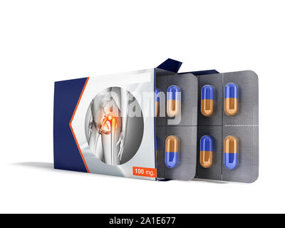 Pillole in confezione aperta due piastre con capsule dal dolore articolazioni blue 3D render su sfondo bianco Foto Stock