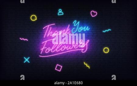 Ringrazio seguaci neon. Social media modello per grazie di seguaci pietra miliare. Congratulazioni card Illustrazione Vettoriale
