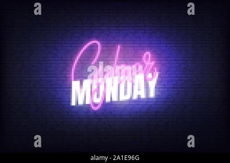 Cyber lunedì neon di vendita. Lettering incandescente firmare online per lo sconto promozione Illustrazione Vettoriale