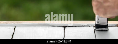 Panorama o banner, tavole di legno che viene verniciato con colore bianco Foto Stock