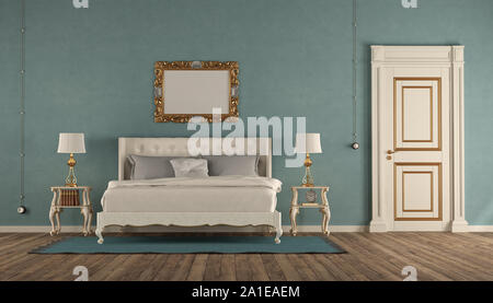 Bianco e blu master camera da letto in stile classico con un letto doppio e la porta chiusa - 3d rendering Foto Stock