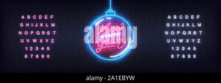 Anno Nuovo 2020 modello al neon. Neon incandescente palla di Natale e scritte per il nuovo anno 2020 CELEBRAZIONE Illustrazione Vettoriale