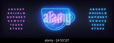Cafe neon template vettoriale. Incandescente lettering luminoso segno per la caffetteria Cafe, il ristorante, bar Illustrazione Vettoriale