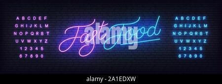 Il fast food neon template vettoriale. Notte incandescente lettering luminoso segno per il fast food cafe, il ristorante, bar Illustrazione Vettoriale
