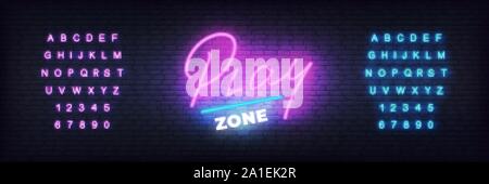Zona giochi modello al neon. Lettering incandescente per giocare club Illustrazione Vettoriale
