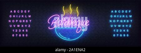 Barbeque vettore neon incandescente segno. Scritte luminose etichetta per il barbecue o grill ristorante Illustrazione Vettoriale