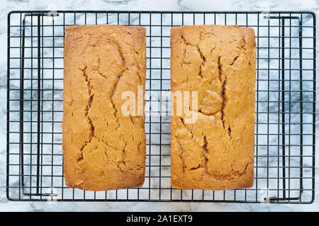 Due appena sfornato pagnotte di pane di zucca in appoggio su di un raffreddamento per rack in un bianco e grigio Sfondo marmo. Immagine ripresa dalla vista dall'alto. Foto Stock