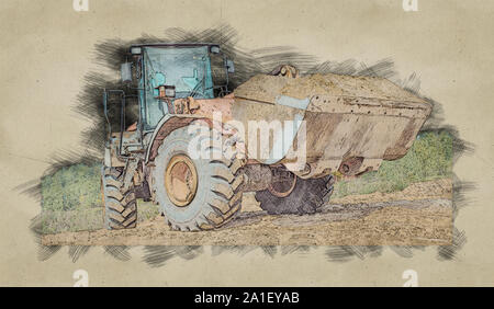 Il caricatore retroescavatore o bulldozer - Escavatore con percorso di clipping su uno sfondo con cielo blu e nuvole. lavorare sul sito in costruzione o sabbia. Foto Stock