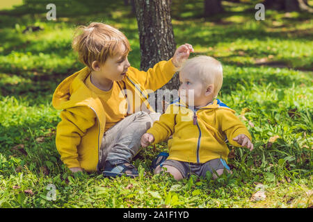 Due fratelli felice in giallo le felpe in autunno park. Foto Stock