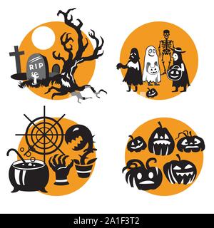 Set di vettore per la festa di Halloween, quattro illustrazione di piccole dimensioni con caratteri di Halloween (tombe con scary albero morto, i bambini in costume di Halloween, calderone w Illustrazione Vettoriale