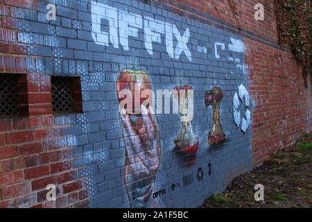 Arte di strada - Sheffield covone Quay - Cinque sbarramenti a piedi - Lato Canale Foto Stock