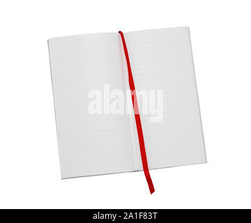 Lungo, sottile, notebook rivestito con sfondo rosso segnalibro in tessuto. Nuova pagina, nuovo concetto di foglia. Isolato su sfondo bianco. Foto Stock