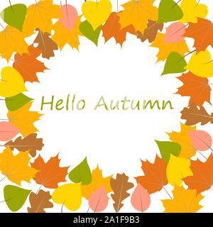 Ciao autunno biglietto di auguri con il testo e la caduta delle foglie. Per biglietti d'auguri per le festività disegni e altri progetti. Illustrazione Vettoriale