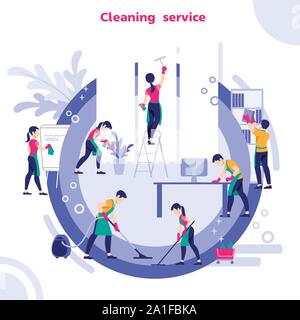 Gruppo di portieri in una pulitura uniforme l'ufficio con attrezzature di pulizia, illustrazione vettoriale Illustrazione Vettoriale