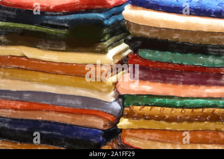 Acquerello illustrazione: Stack con panni e tessuto in tanti colori diversi in una stalla Foto Stock