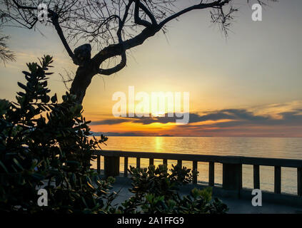 Vista di un tramonto al mare con una finestra naturale delle filiali Foto Stock