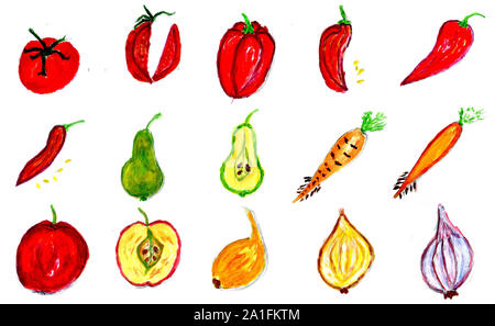 Acquerello e acrilico dipinto di frutta e verdura raccolta. Foto Stock