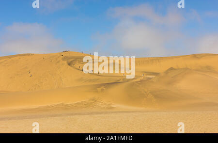 Dune di sabbia del deserto al di fuori di Swakopmund, Namibia, Africa e sabbia boarder o persone in lontananza sono sand boarding come lo sport o le attività per il tempo libero Foto Stock