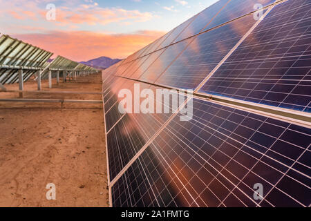Centinaia di energia solare righe dei pannelli lungo le terre asciutte al deserto di Atacama, Cile. Enorme Fotovoltaico Impianti fotovoltaici nel mezzo delle più arido deserto Foto Stock