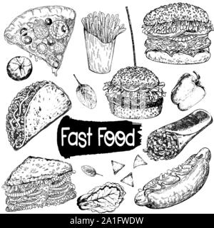 Set di mano bozzetto style fast food isolati su sfondo bianco. Illustrazione Vettoriale. Illustrazione Vettoriale