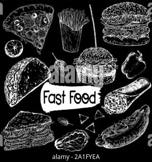 Set di mano bozzetto style fast food isolati su sfondo nero. Illustrazione Vettoriale. Illustrazione Vettoriale