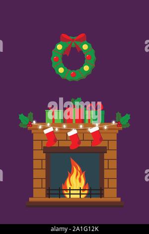 Isolato ghirlanda di Natale e un accogliente caminetto con fiamma decorate con regali di Natale, garland, calze, vischio. Illustrazione Vettoriale