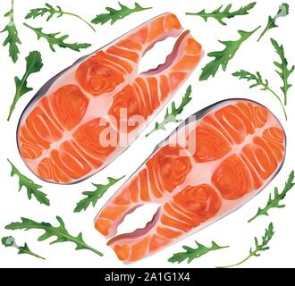 Salmoni pesci materie bistecche con verde rucola. Pesce rosso, delicatezza. Il filetto, bistecca di salmone fresco. Frutti di mare per il vostro menu.foglie di rucola raccolta. 3D Illustrazione Vettoriale