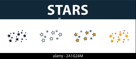 Stelle icon set. Quattro simboli semplici in diversi stili di spazio dalla raccolta di icone. Creative stelle icone riempito, del contorno colorato e simboli di Piana Illustrazione Vettoriale