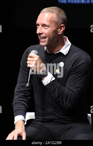 Brooklyn, NY, STATI UNITI D'AMERICA. 26 Sep, 2019. Chris Martin al cittadino globale conferenza stampa annunciando la loro campagna 2020, Obiettivo globale Live: l'utopia possibile presso San AnnÕs Warehouse di Brooklyn, a New York City il 26 settembre 2019 Credit: Walik Goshom/media/punzone Alamy Live News Foto Stock