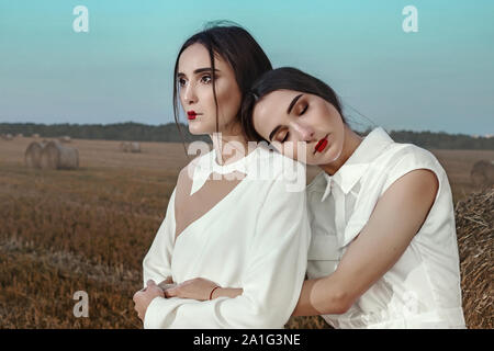 Ritratto di due dai capelli scuri sorelle ragazze alla moda ed elegante abiti, sullo sfondo di un campo e haystacks. Foto Stock