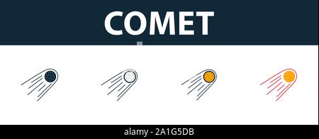 Comet icon set. Quattro simboli semplici in diversi stili di spazio dalla raccolta di icone. Creative icone cometa riempito, del contorno colorato e simboli di Piana Illustrazione Vettoriale