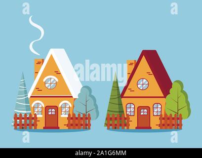 Set di paese isolato farm red brick inverno e estate case con le recinzioni in appartamento in stile cartone animato. Illustrazione Vettoriale