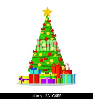 Albero di Natale decorato con star, luci, decorazione sfere e archi con doni sotto l'albero Illustrazione Vettoriale