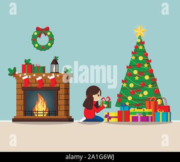 Biglietto di auguri con albero di Natale decorato e doni sotto l'albero, camino. Illustrazione Vettoriale