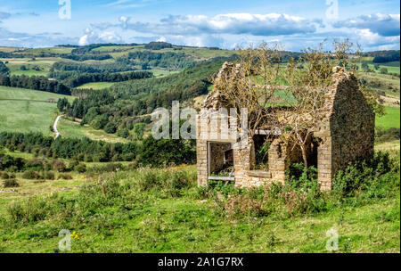 Le rovine di una piccola abitazione in pietra vicino Pilsley sul Chatsworth estate nel Derbyshire Peak District con viste a bordo Longstone Foto Stock