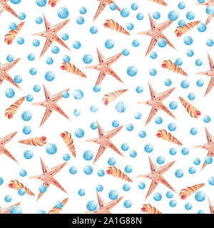 Perle tropicali e starfish seamless acquerello pattern raster. Oggetti acquatica, la vita subacquea sfondo decorativo. Conchiglia a spirale e preziosi Foto Stock