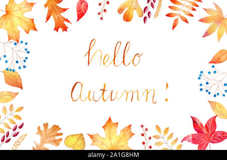 Ciao autunno acquerello raster modello di banner con la scritta. Fall Festival, stagione di raccolta per celebrare il poster, cartoline di auguri design. Forest g Foto Stock