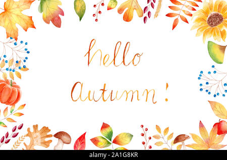 Ciao autunno acquerello raster modello di banner con la scritta. Fall Festival, harvest celebrando poster, cartoline di auguri design. Agriturismo cibo, fogliame Foto Stock
